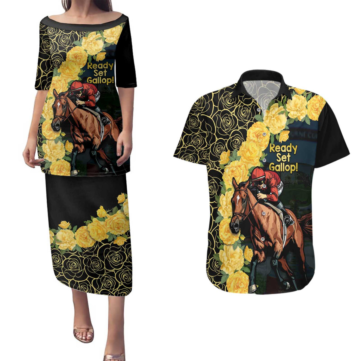 Melbourne Horse Racing Couples Matching Puletasi and Hawaiian Shirt Yellow Roses - Ready Set Gallop! - Wonder Print Shop