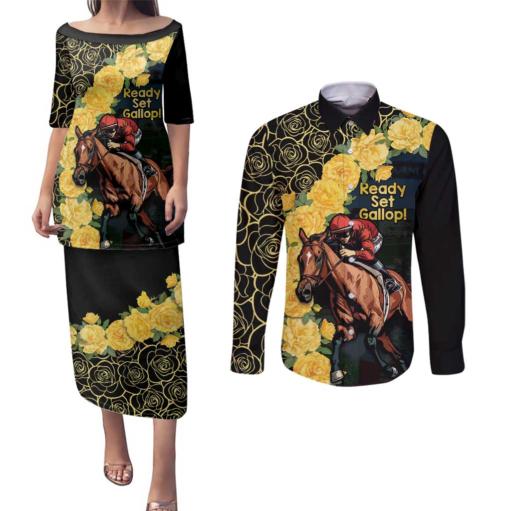 Melbourne Horse Racing Couples Matching Puletasi and Long Sleeve Button Shirt Yellow Roses - Ready Set Gallop! - Wonder Print Shop