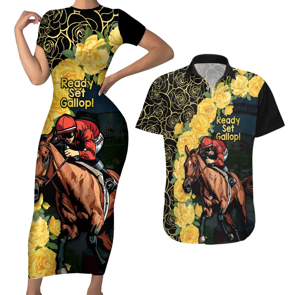 Melbourne Horse Racing Couples Matching Short Sleeve Bodycon Dress and Hawaiian Shirt Yellow Roses - Ready Set Gallop! - Wonder Print Shop