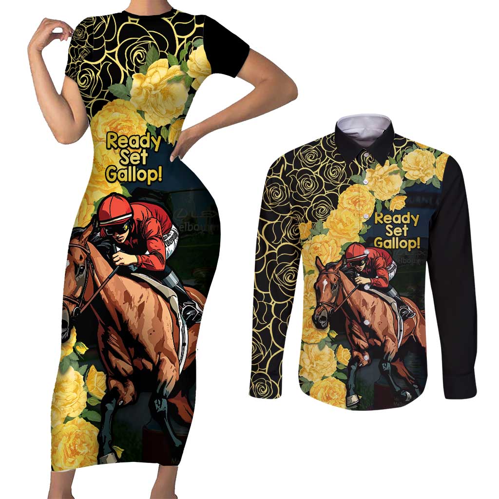 Melbourne Horse Racing Couples Matching Short Sleeve Bodycon Dress and Long Sleeve Button Shirt Yellow Roses - Ready Set Gallop! - Wonder Print Shop