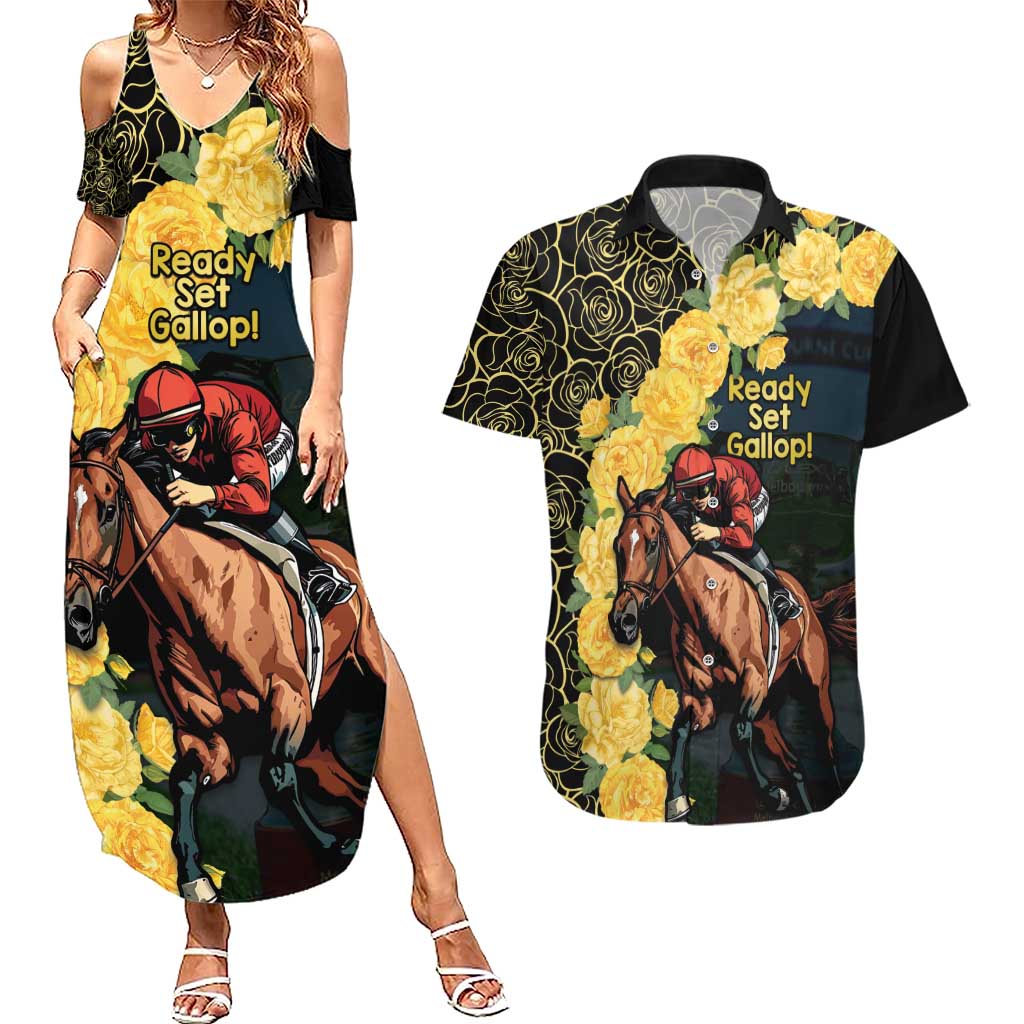 Melbourne Horse Racing Couples Matching Summer Maxi Dress and Hawaiian Shirt Yellow Roses - Ready Set Gallop! - Wonder Print Shop