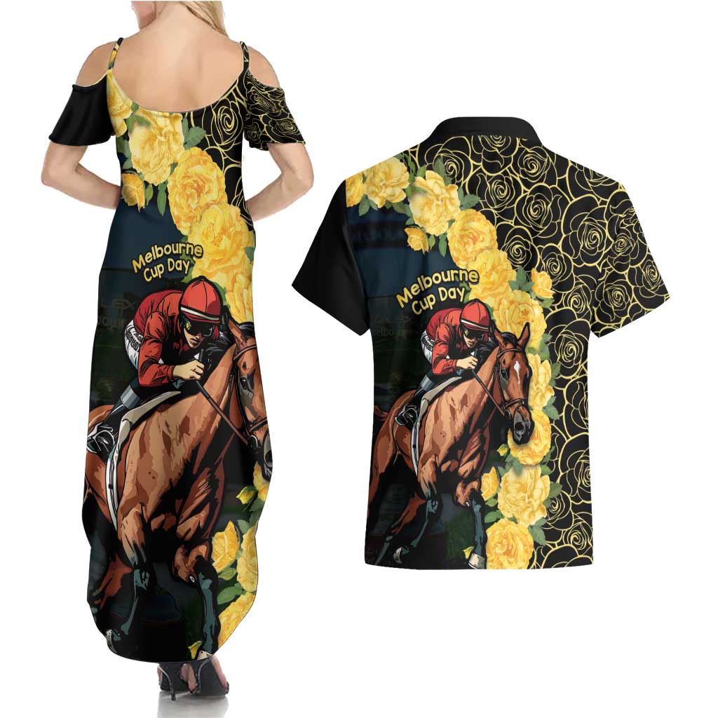 Melbourne Horse Racing Couples Matching Summer Maxi Dress and Hawaiian Shirt Yellow Roses - Ready Set Gallop! - Wonder Print Shop