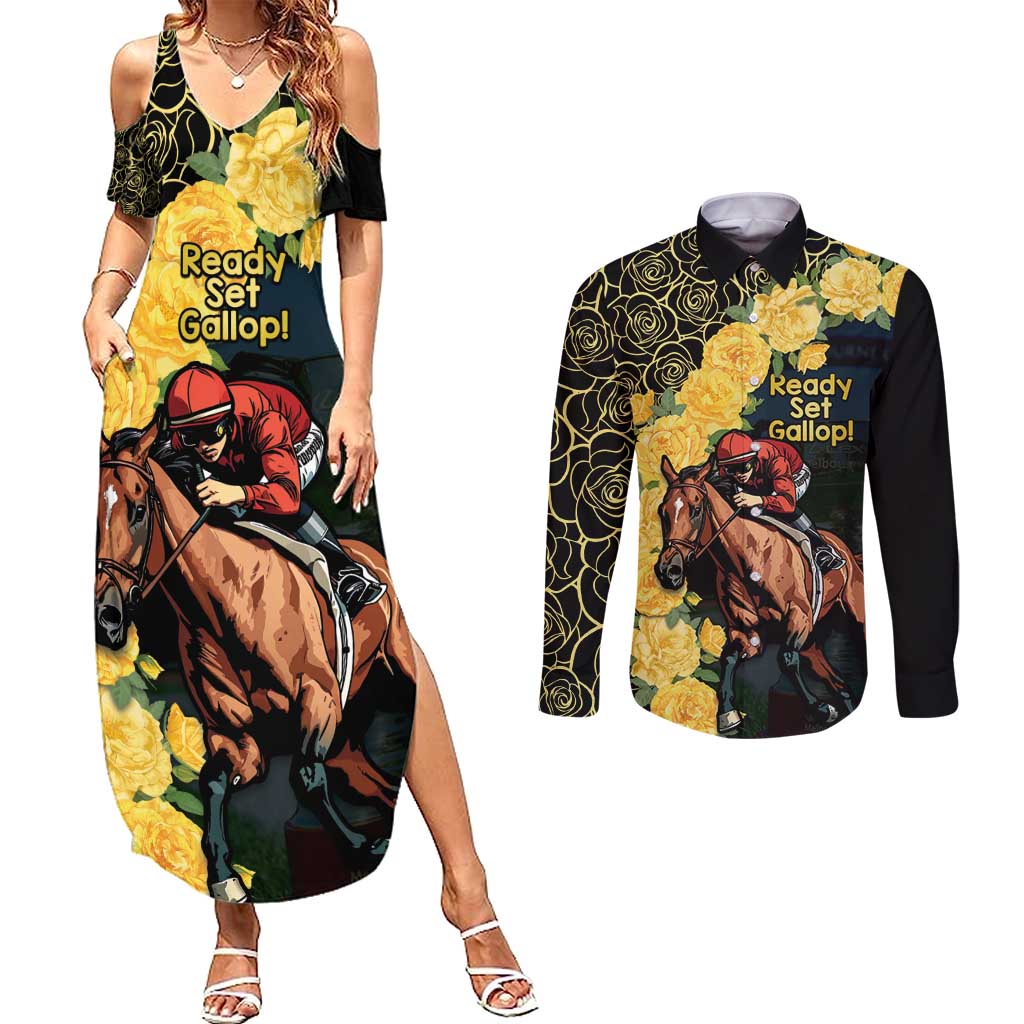Melbourne Horse Racing Couples Matching Summer Maxi Dress and Long Sleeve Button Shirt Yellow Roses - Ready Set Gallop! - Wonder Print Shop