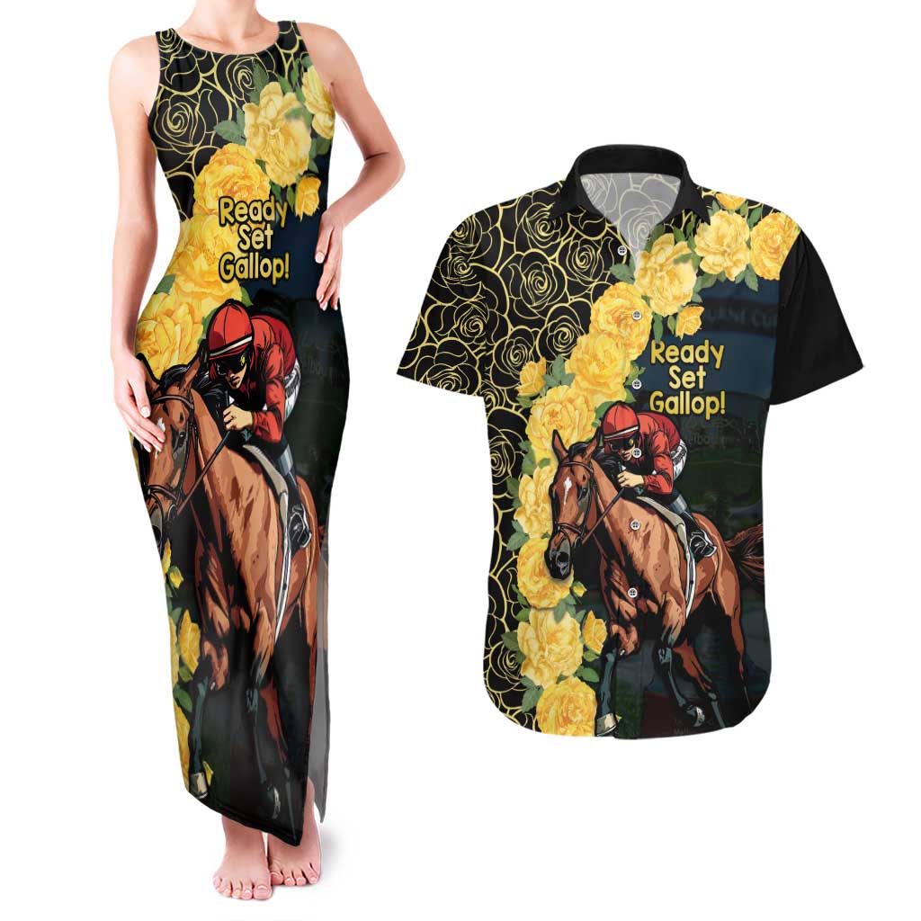 Melbourne Horse Racing Couples Matching Tank Maxi Dress and Hawaiian Shirt Yellow Roses - Ready Set Gallop! - Wonder Print Shop