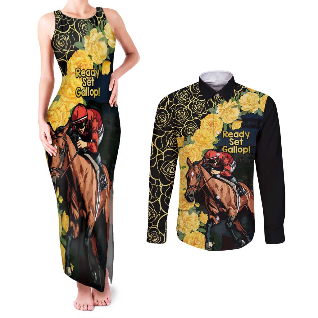 Melbourne Horse Racing Couples Matching Tank Maxi Dress and Long Sleeve Button Shirt Yellow Roses - Ready Set Gallop! - Wonder Print Shop