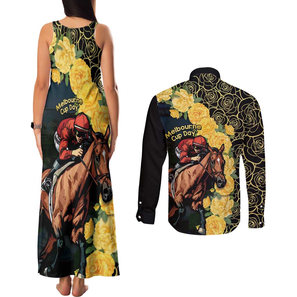 Melbourne Horse Racing Couples Matching Tank Maxi Dress and Long Sleeve Button Shirt Yellow Roses - Ready Set Gallop! - Wonder Print Shop