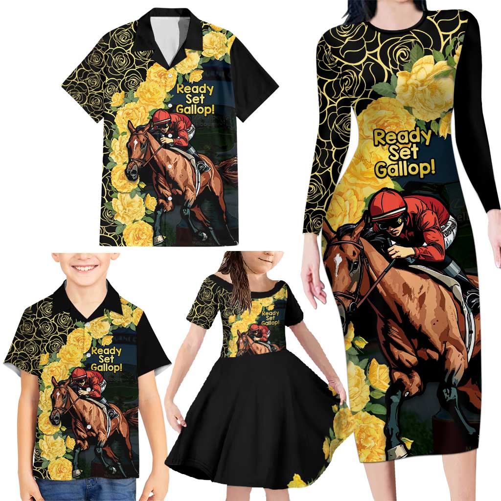 Melbourne Horse Racing Family Matching Long Sleeve Bodycon Dress and Hawaiian Shirt Yellow Roses - Ready Set Gallop! - Wonder Print Shop