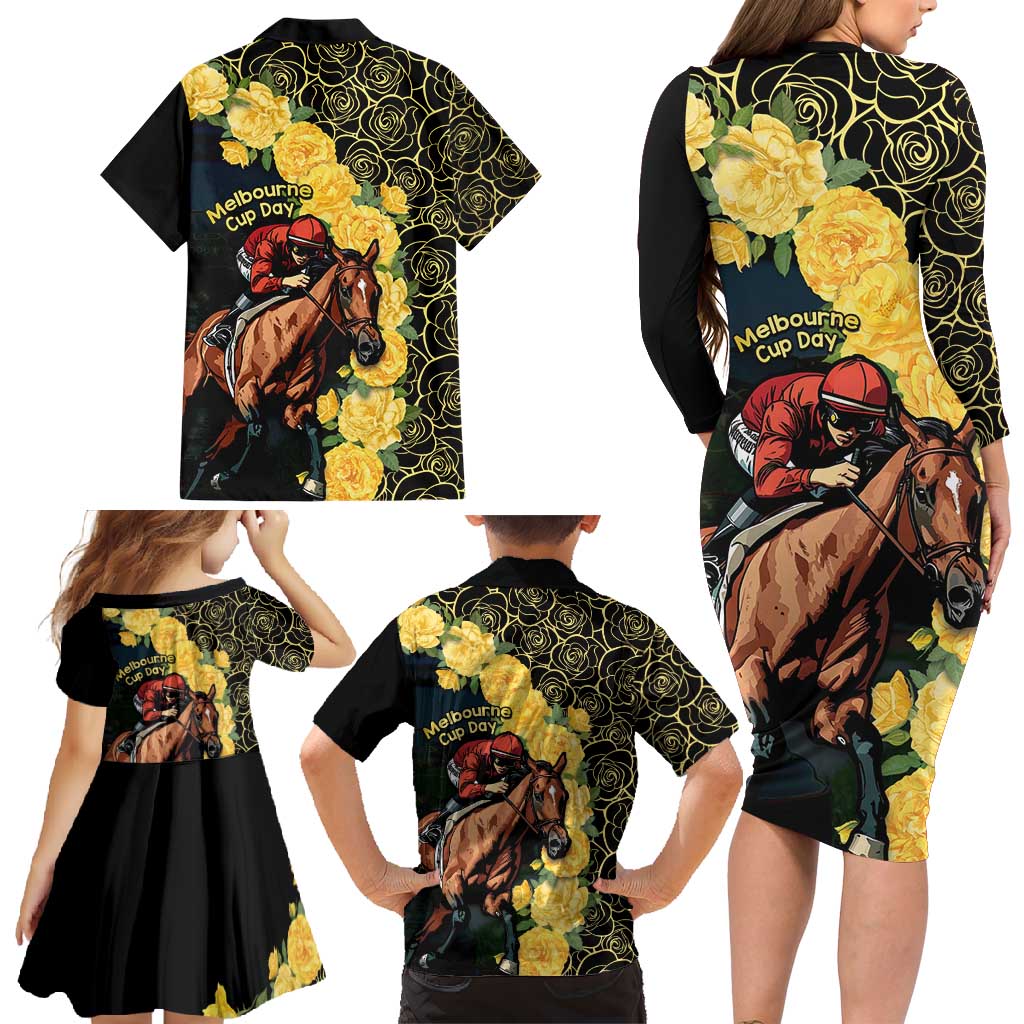 Melbourne Horse Racing Family Matching Long Sleeve Bodycon Dress and Hawaiian Shirt Yellow Roses - Ready Set Gallop! - Wonder Print Shop