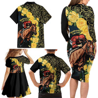 Melbourne Horse Racing Family Matching Long Sleeve Bodycon Dress and Hawaiian Shirt Yellow Roses - Ready Set Gallop! - Wonder Print Shop