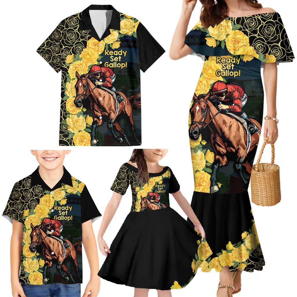 Melbourne Horse Racing Family Matching Mermaid Dress and Hawaiian Shirt Yellow Roses - Ready Set Gallop! - Wonder Print Shop
