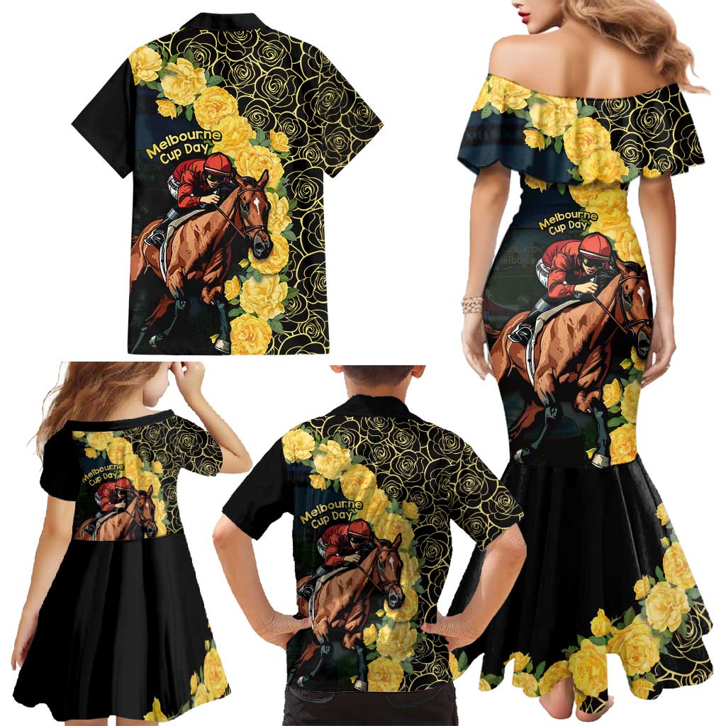 Melbourne Horse Racing Family Matching Mermaid Dress and Hawaiian Shirt Yellow Roses - Ready Set Gallop! - Wonder Print Shop