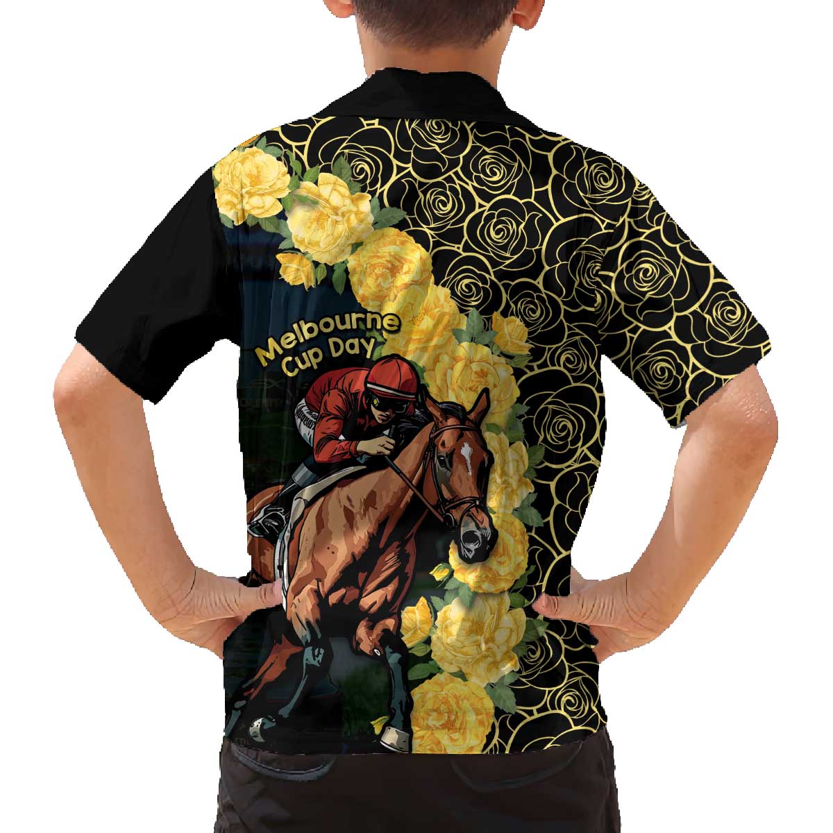 Melbourne Horse Racing Family Matching Off The Shoulder Long Sleeve Dress and Hawaiian Shirt Yellow Roses - Ready Set Gallop! - Wonder Print Shop