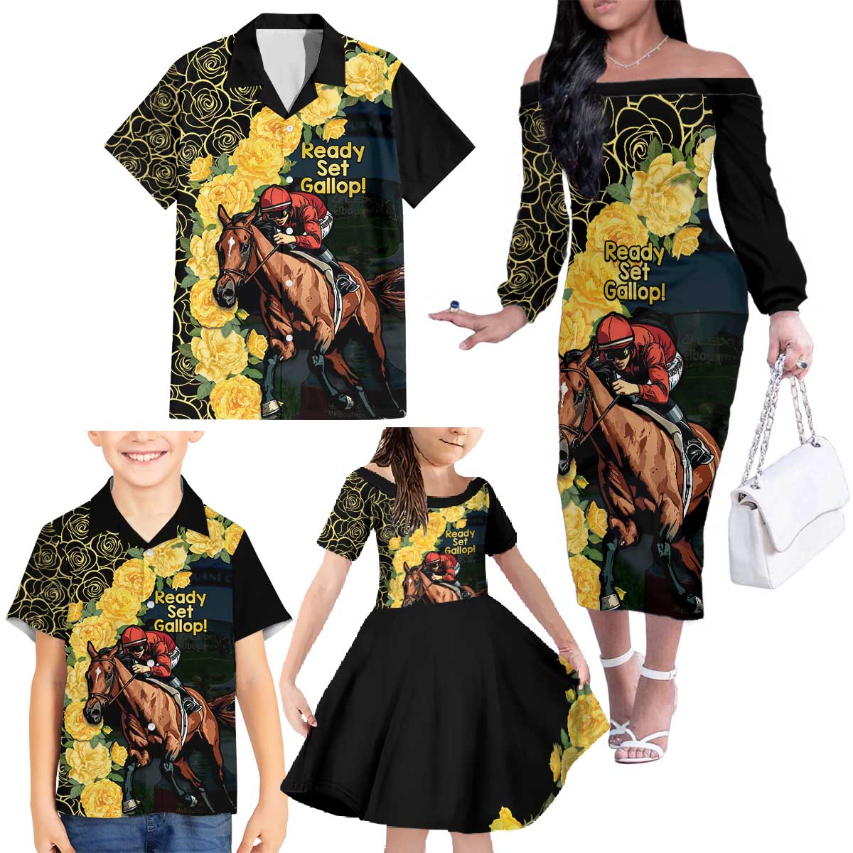 Melbourne Horse Racing Family Matching Off The Shoulder Long Sleeve Dress and Hawaiian Shirt Yellow Roses - Ready Set Gallop! - Wonder Print Shop