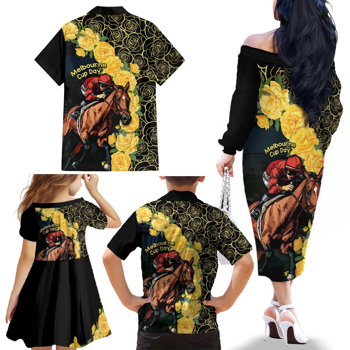 Melbourne Horse Racing Family Matching Off The Shoulder Long Sleeve Dress and Hawaiian Shirt Yellow Roses - Ready Set Gallop! - Wonder Print Shop