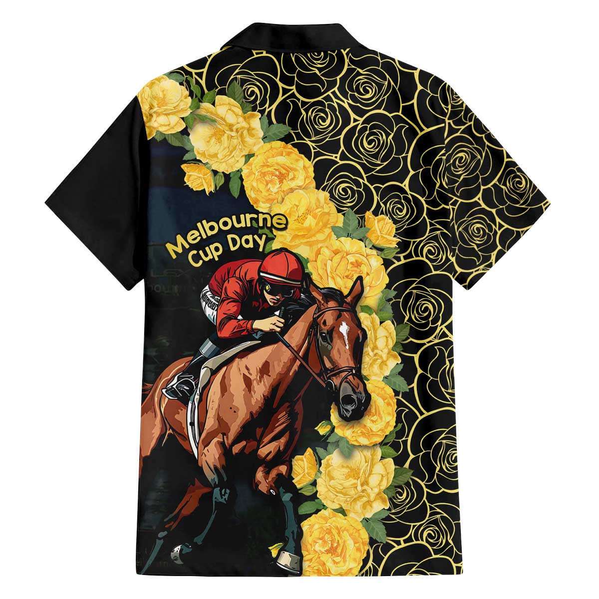 Melbourne Horse Racing Family Matching Off The Shoulder Long Sleeve Dress and Hawaiian Shirt Yellow Roses - Ready Set Gallop! - Wonder Print Shop