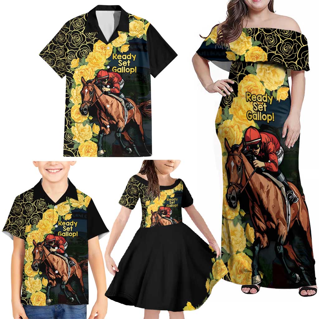 Melbourne Horse Racing Family Matching Off Shoulder Maxi Dress and Hawaiian Shirt Yellow Roses - Ready Set Gallop! - Wonder Print Shop