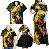 Melbourne Horse Racing Family Matching Off Shoulder Maxi Dress and Hawaiian Shirt Yellow Roses - Ready Set Gallop! - Wonder Print Shop
