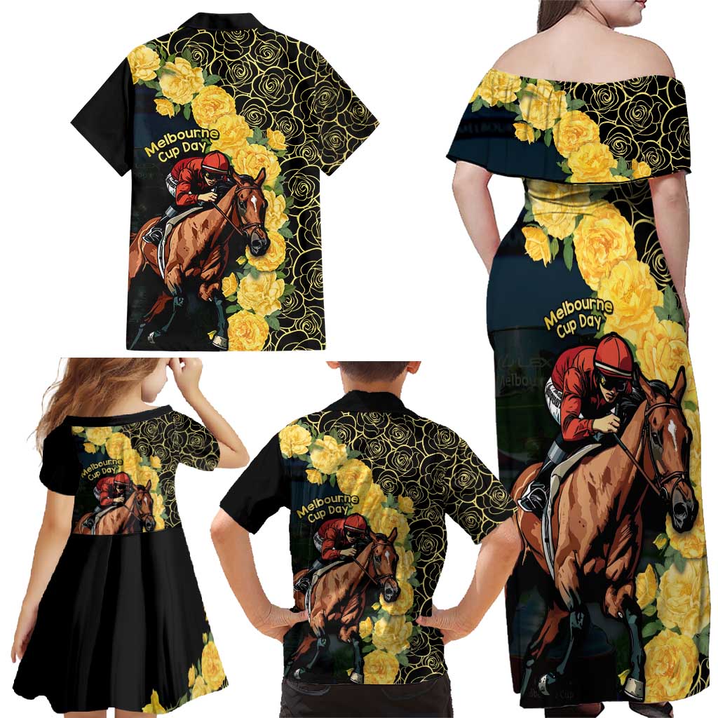 Melbourne Horse Racing Family Matching Off Shoulder Maxi Dress and Hawaiian Shirt Yellow Roses - Ready Set Gallop! - Wonder Print Shop