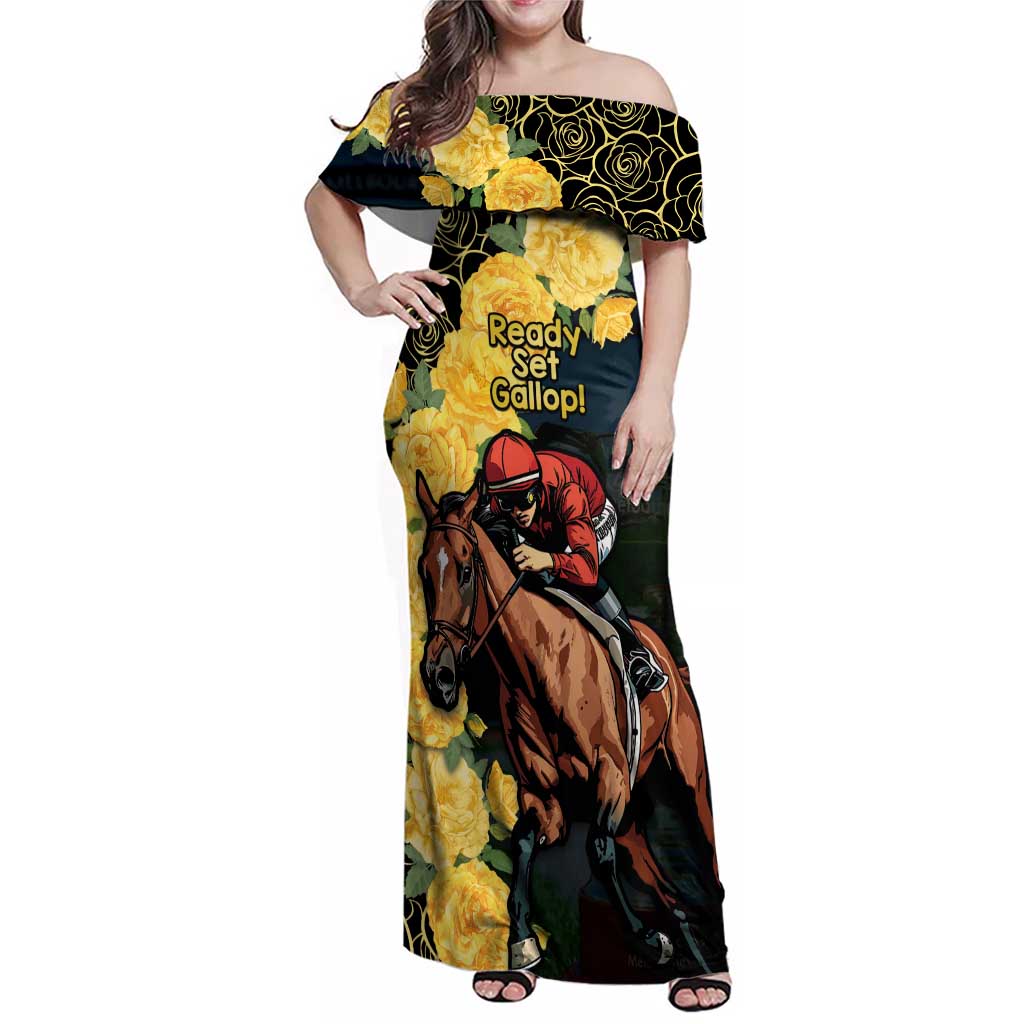 Melbourne Horse Racing Family Matching Off Shoulder Maxi Dress and Hawaiian Shirt Yellow Roses - Ready Set Gallop! - Wonder Print Shop