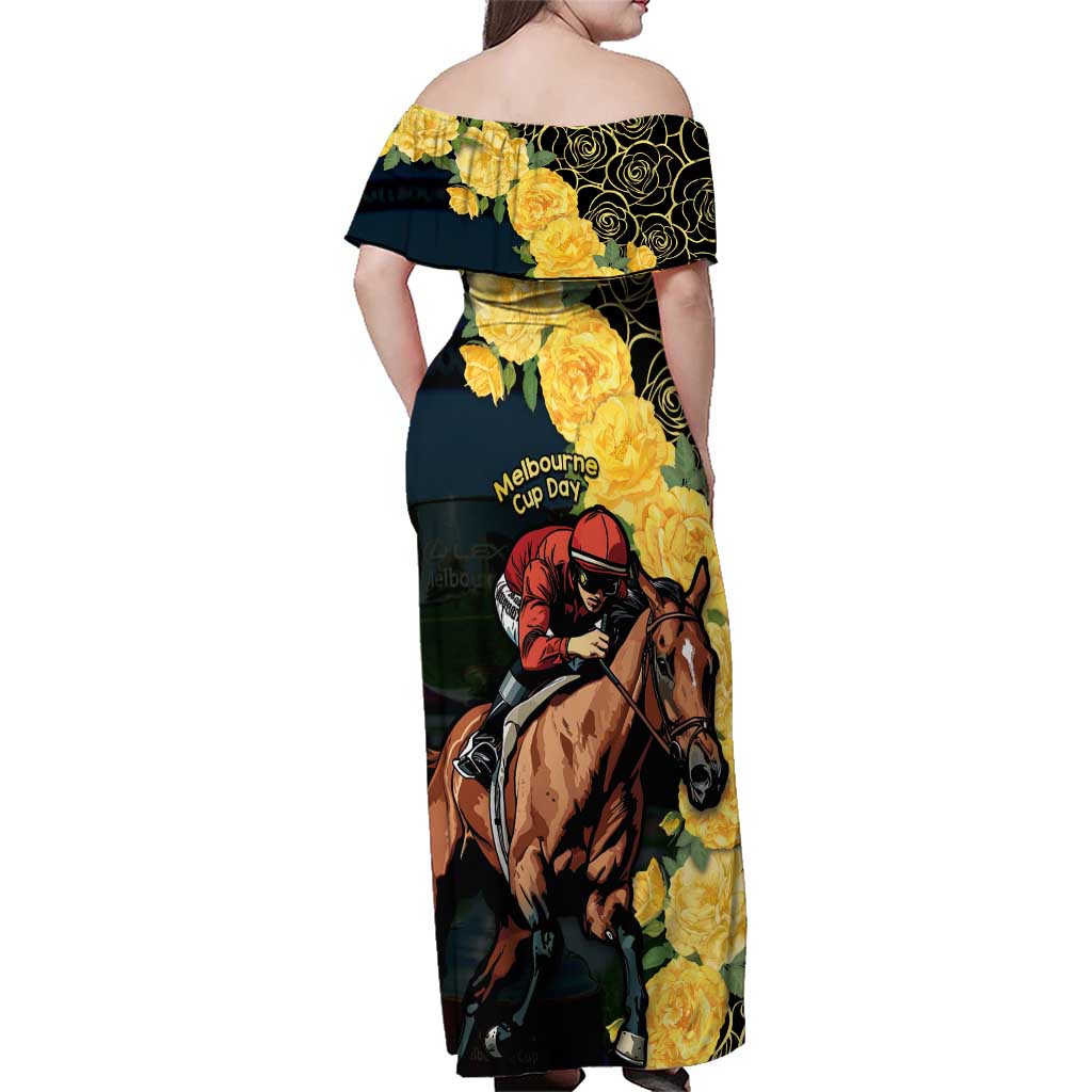 Melbourne Horse Racing Family Matching Off Shoulder Maxi Dress and Hawaiian Shirt Yellow Roses - Ready Set Gallop! - Wonder Print Shop