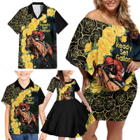 Melbourne Horse Racing Family Matching Off Shoulder Short Dress and Hawaiian Shirt Yellow Roses - Ready Set Gallop! - Wonder Print Shop