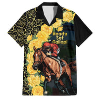 Melbourne Horse Racing Family Matching Off Shoulder Short Dress and Hawaiian Shirt Yellow Roses - Ready Set Gallop! - Wonder Print Shop