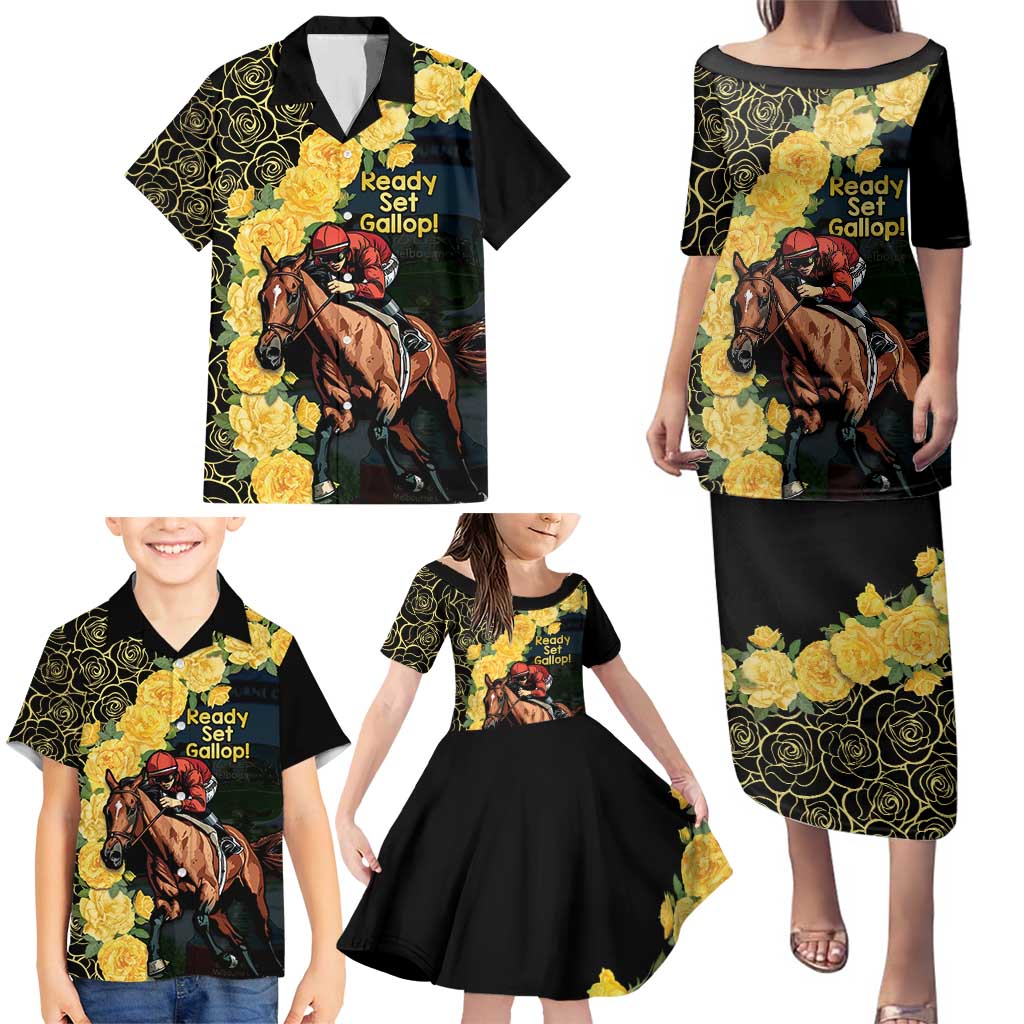 Melbourne Horse Racing Family Matching Puletasi and Hawaiian Shirt Yellow Roses - Ready Set Gallop! - Wonder Print Shop