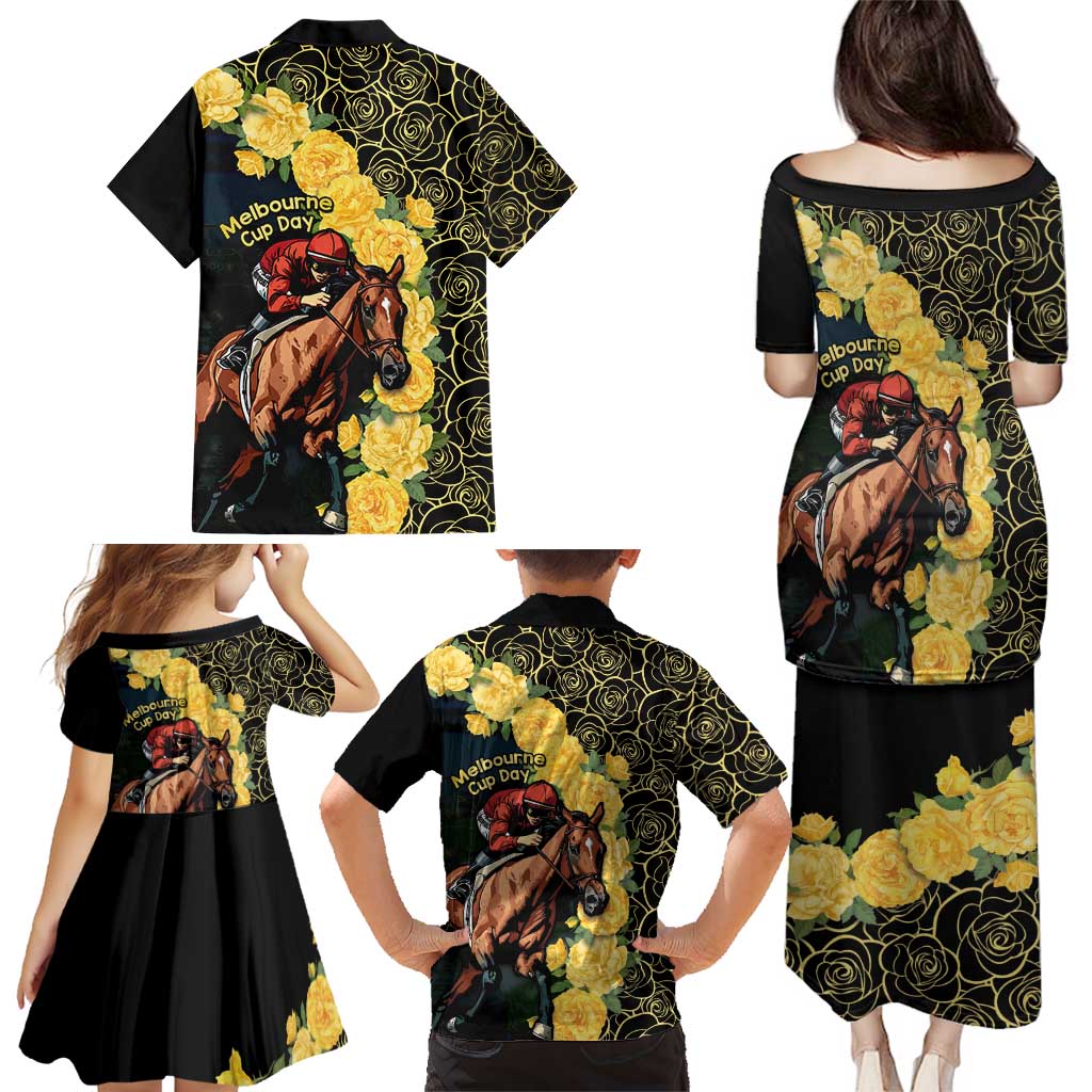Melbourne Horse Racing Family Matching Puletasi and Hawaiian Shirt Yellow Roses - Ready Set Gallop! - Wonder Print Shop
