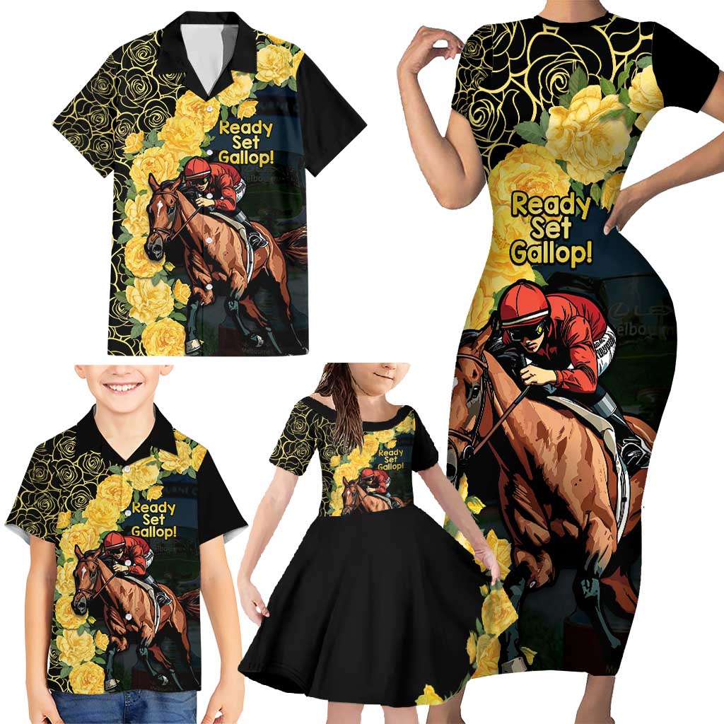 Melbourne Horse Racing Family Matching Short Sleeve Bodycon Dress and Hawaiian Shirt Yellow Roses - Ready Set Gallop! - Wonder Print Shop