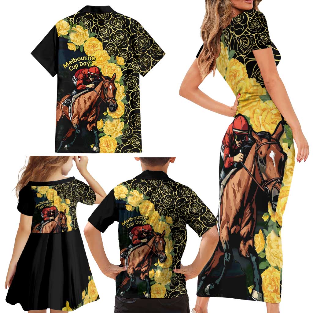 Melbourne Horse Racing Family Matching Short Sleeve Bodycon Dress and Hawaiian Shirt Yellow Roses - Ready Set Gallop! - Wonder Print Shop