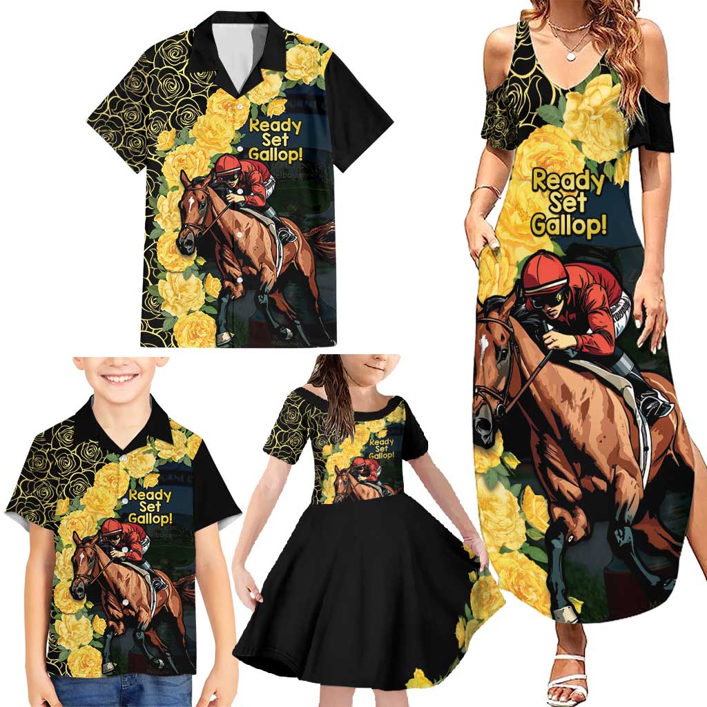 Melbourne Horse Racing Family Matching Summer Maxi Dress and Hawaiian Shirt Yellow Roses - Ready Set Gallop! - Wonder Print Shop