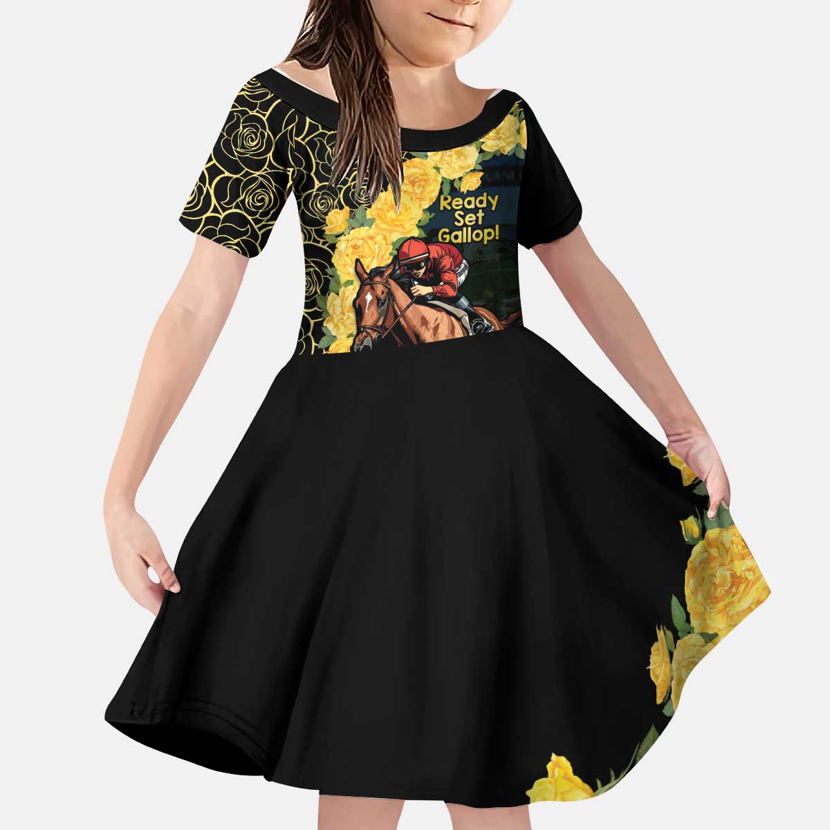 Melbourne Horse Racing Kid Short Sleeve Dress Yellow Roses - Ready Set Gallop! - Wonder Print Shop