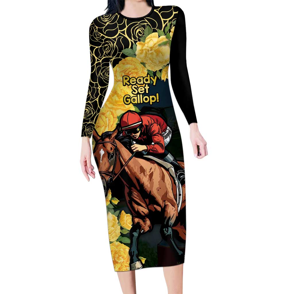 Melbourne Horse Racing Long Sleeve Bodycon Dress Yellow Roses - Ready Set Gallop! - Wonder Print Shop