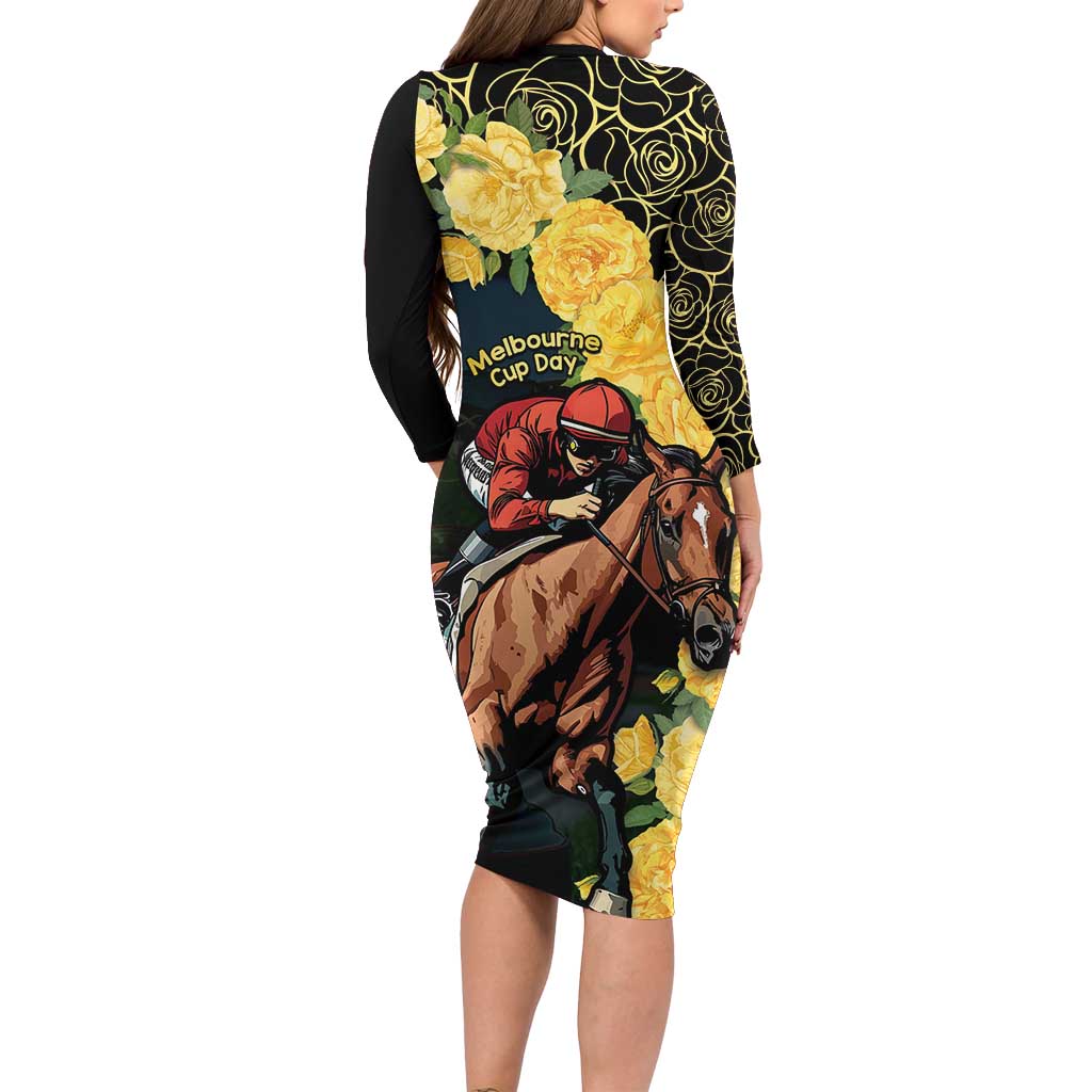 Melbourne Horse Racing Long Sleeve Bodycon Dress Yellow Roses - Ready Set Gallop! - Wonder Print Shop