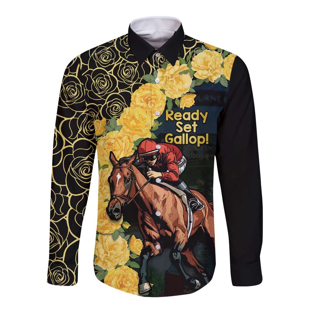Melbourne Horse Racing Long Sleeve Button Shirt Yellow Roses - Ready Set Gallop! - Wonder Print Shop