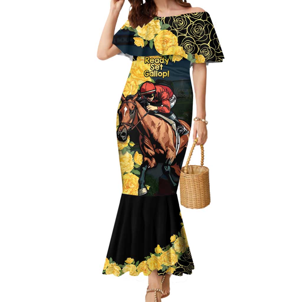Melbourne Horse Racing Mermaid Dress Yellow Roses - Ready Set Gallop! - Wonder Print Shop