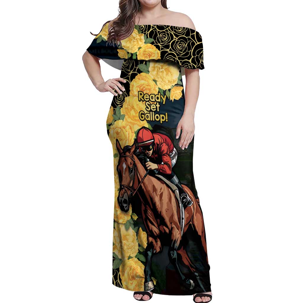 Melbourne Horse Racing Off Shoulder Maxi Dress Yellow Roses - Ready Set Gallop! - Wonder Print Shop