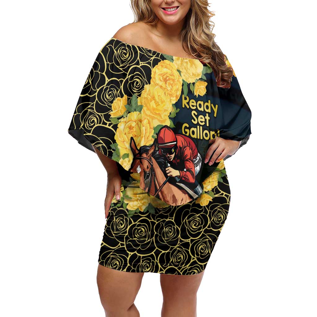Melbourne Horse Racing Off Shoulder Short Dress Yellow Roses - Ready Set Gallop! - Wonder Print Shop