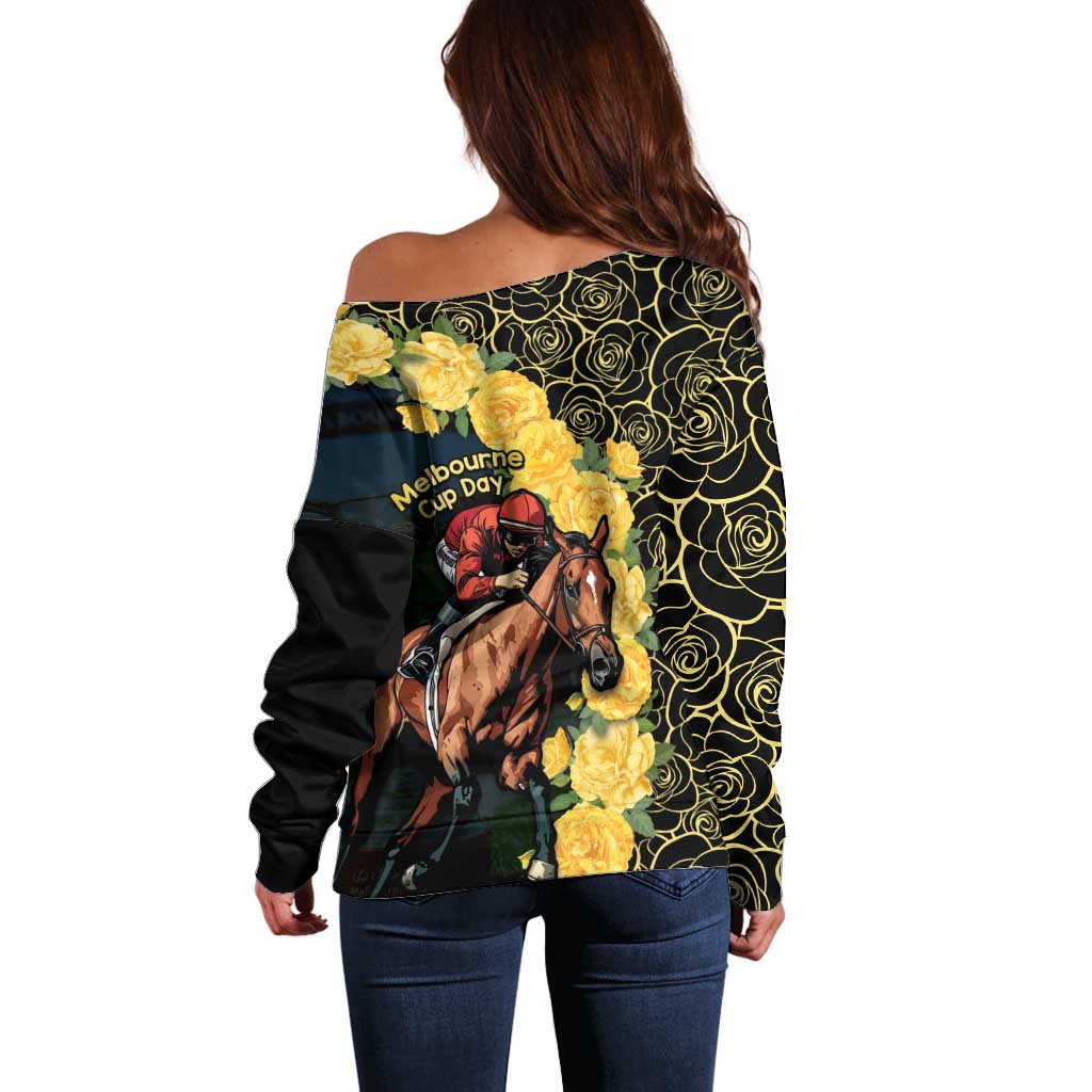 Melbourne Horse Racing Off Shoulder Sweater Yellow Roses - Ready Set Gallop! - Wonder Print Shop