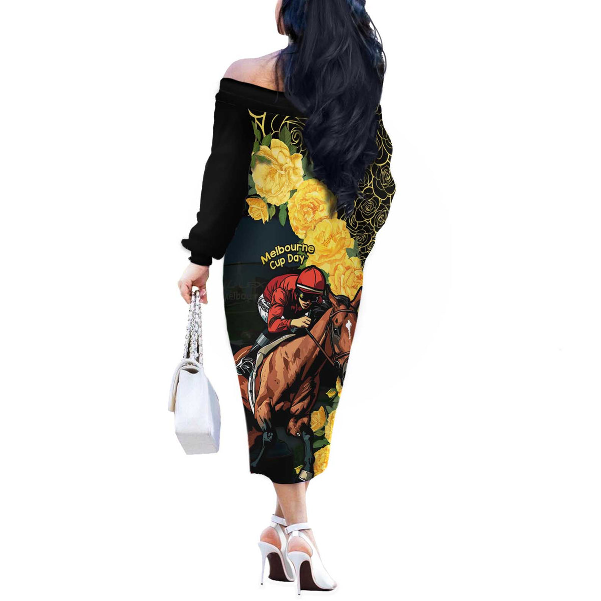 Melbourne Horse Racing Off The Shoulder Long Sleeve Dress Yellow Roses - Ready Set Gallop! - Wonder Print Shop