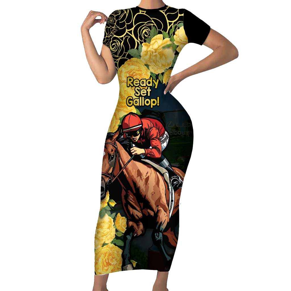 Melbourne Horse Racing Short Sleeve Bodycon Dress Yellow Roses - Ready Set Gallop! - Wonder Print Shop