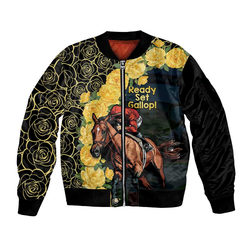 Melbourne Horse Racing Sleeve Zip Bomber Jacket Yellow Roses - Ready Set Gallop! - Wonder Print Shop