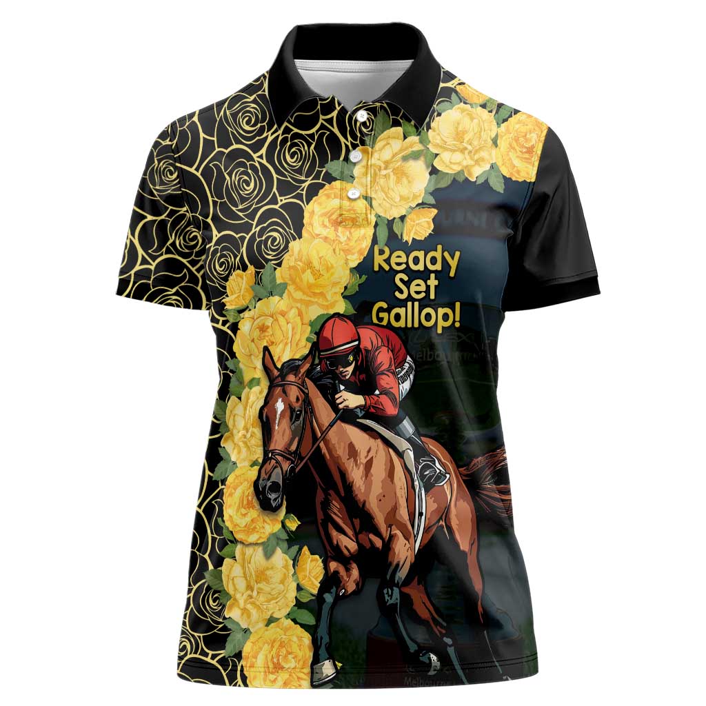 Melbourne Horse Racing Women Polo Shirt Yellow Roses - Ready Set Gallop! - Wonder Print Shop