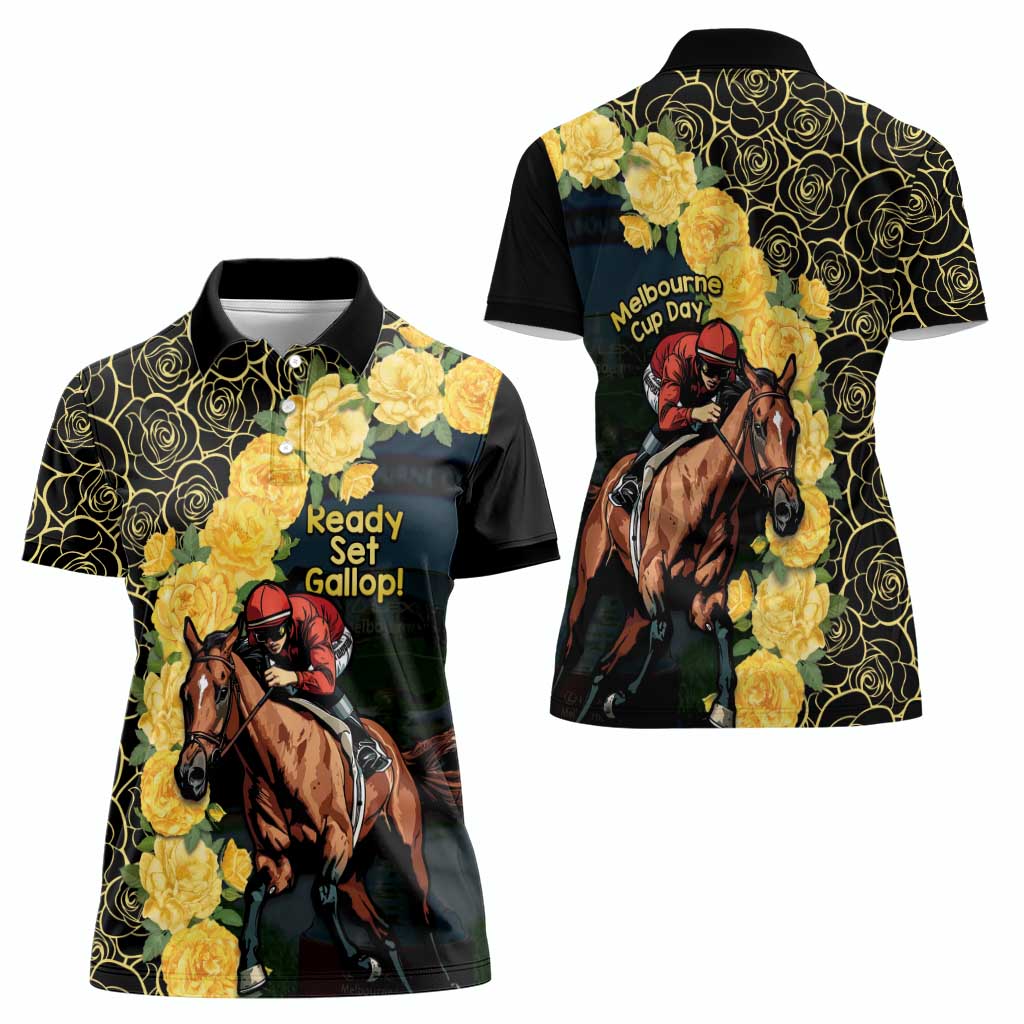 Melbourne Horse Racing Women Polo Shirt Yellow Roses - Ready Set Gallop! - Wonder Print Shop
