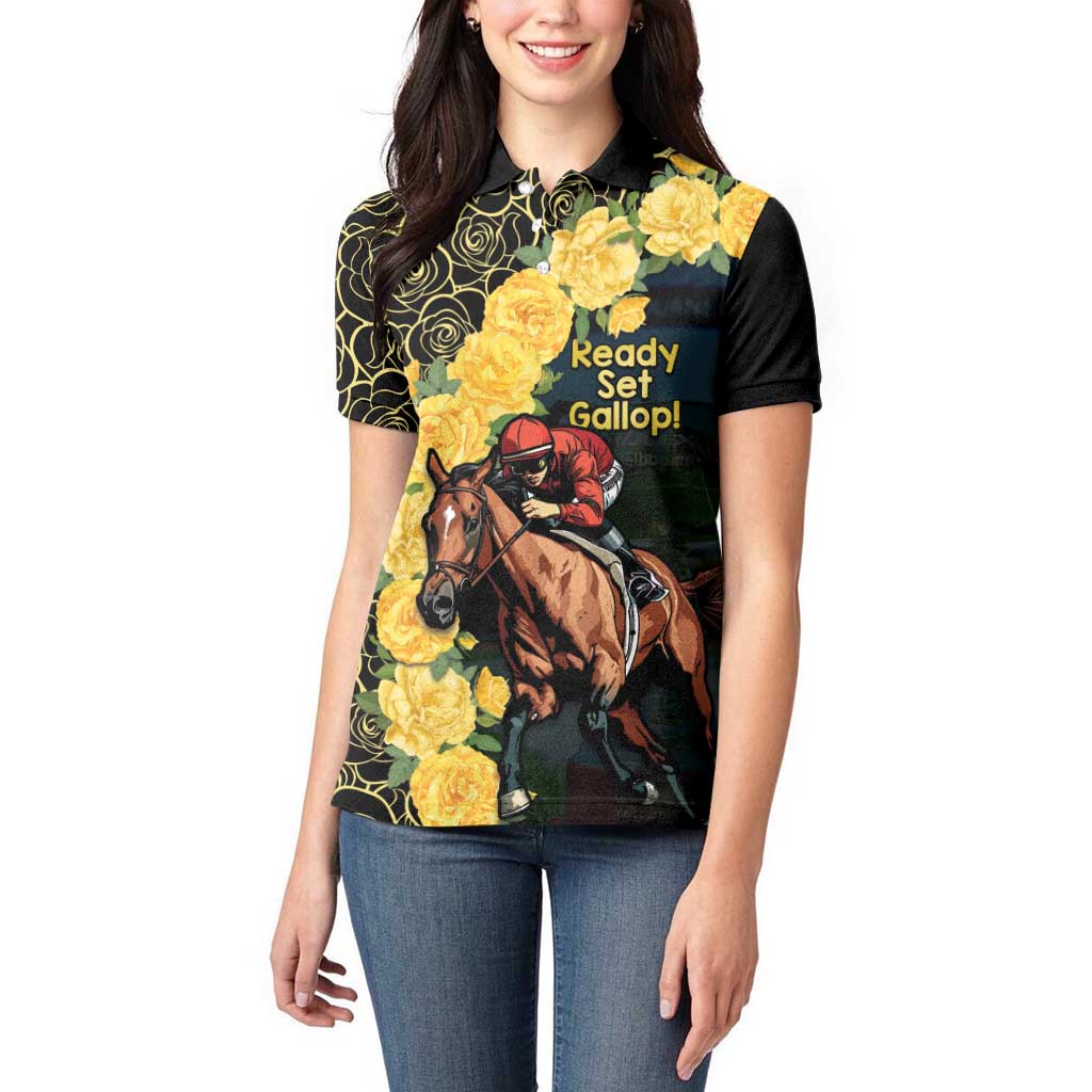 Melbourne Horse Racing Women Polo Shirt Yellow Roses - Ready Set Gallop! - Wonder Print Shop
