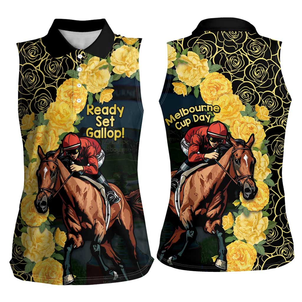 Melbourne Horse Racing Women Sleeveless Polo Shirt Yellow Roses - Ready Set Gallop! - Wonder Print Shop