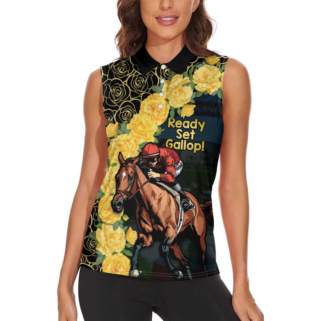 Melbourne Horse Racing Women Sleeveless Polo Shirt Yellow Roses - Ready Set Gallop! - Wonder Print Shop
