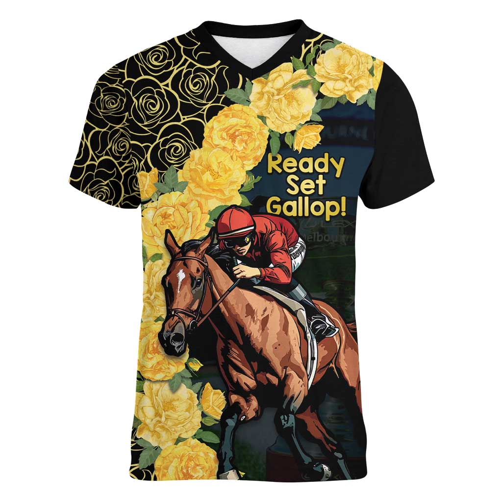 Melbourne Horse Racing Women V-Neck T-Shirt Yellow Roses - Ready Set Gallop! - Wonder Print Shop