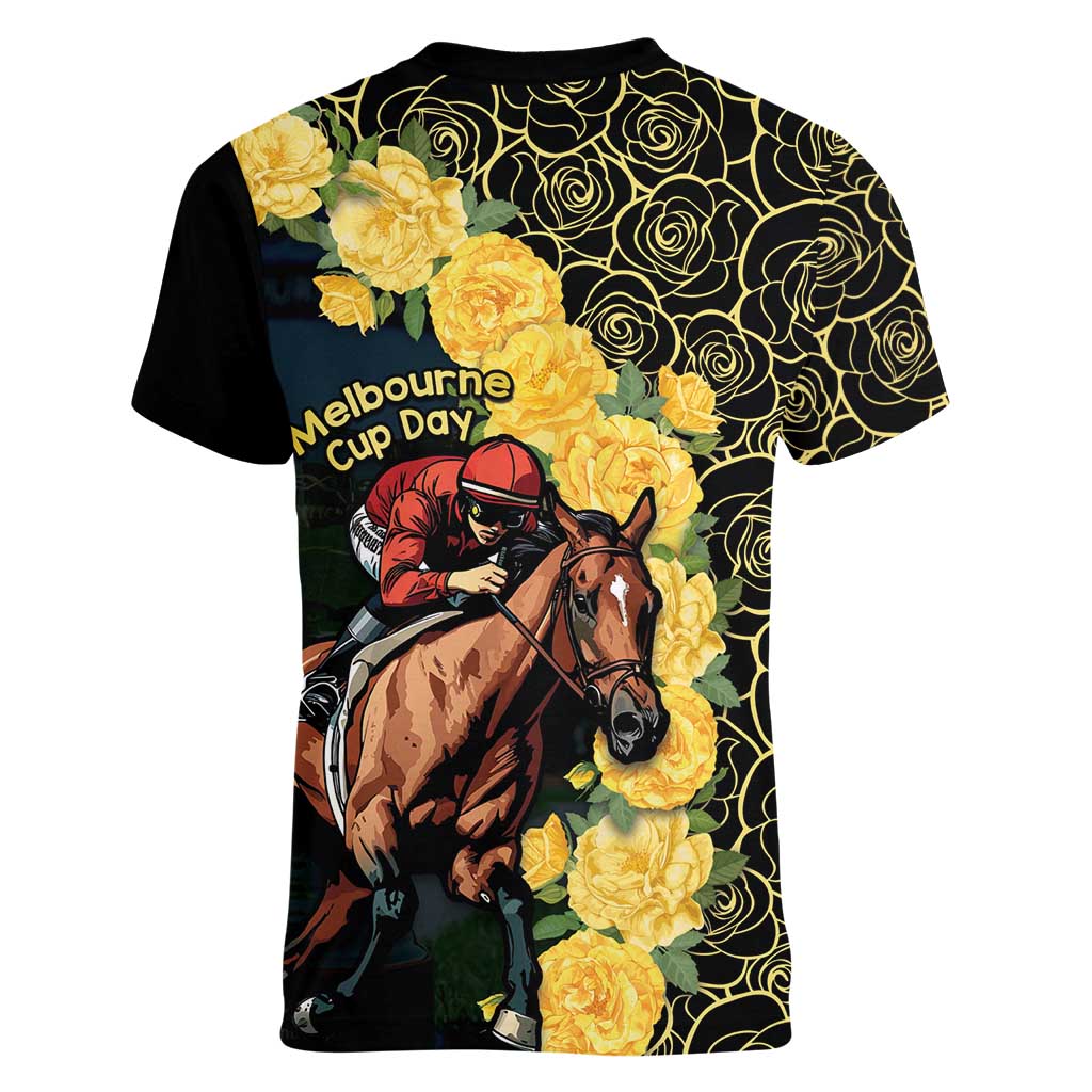 Melbourne Horse Racing Women V-Neck T-Shirt Yellow Roses - Ready Set Gallop! - Wonder Print Shop