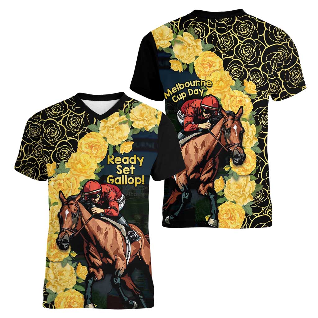 Melbourne Horse Racing Women V-Neck T-Shirt Yellow Roses - Ready Set Gallop! - Wonder Print Shop